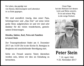 Anzeige von Peter Stein von Kölner Stadt-Anzeiger / Kölnische Rundschau / Express