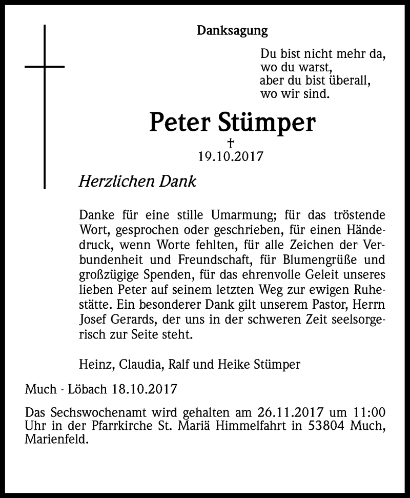  Traueranzeige für Peter Stümper vom 18.11.2017 aus Kölner Stadt-Anzeiger / Kölnische Rundschau / Express