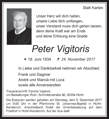 Anzeige von Peter Vigitoris von  Wochenende 