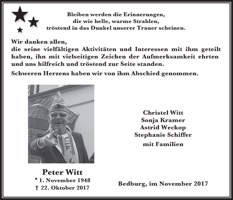  Traueranzeige für Peter Witt vom 29.11.2017 aus  Werbepost 