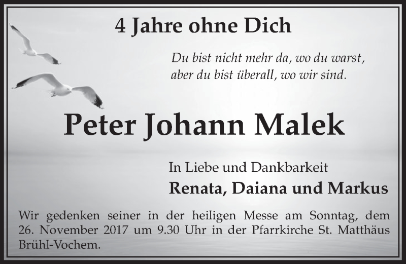  Traueranzeige für Peter Johann Malek vom 22.11.2017 aus  Schlossbote/Werbekurier 