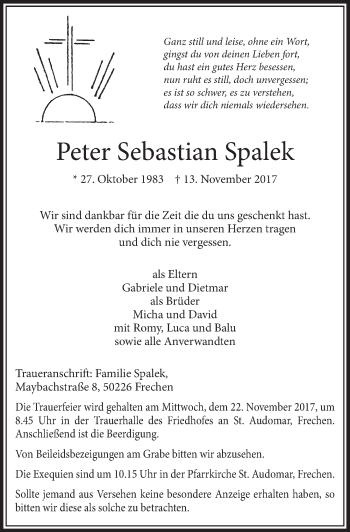 Anzeige von Peter Sebastian Spalek von  Sonntags-Post 
