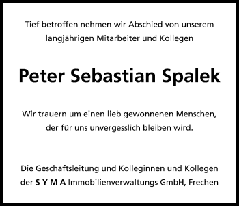 Anzeige von Peter Sebastian Spalek von Kölner Stadt-Anzeiger / Kölnische Rundschau / Express