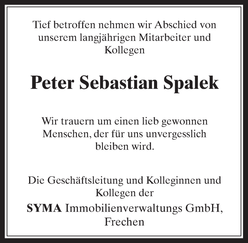  Traueranzeige für Peter Sebastian Spalek vom 22.11.2017 aus  Wochenende 