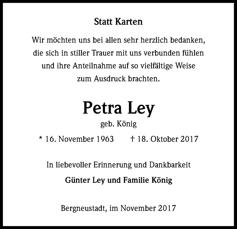  Traueranzeige für Petra Ley vom 25.11.2017 aus Kölner Stadt-Anzeiger / Kölnische Rundschau / Express