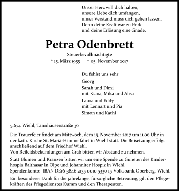 Anzeige von Petra Odenbrett von Kölner Stadt-Anzeiger / Kölnische Rundschau / Express