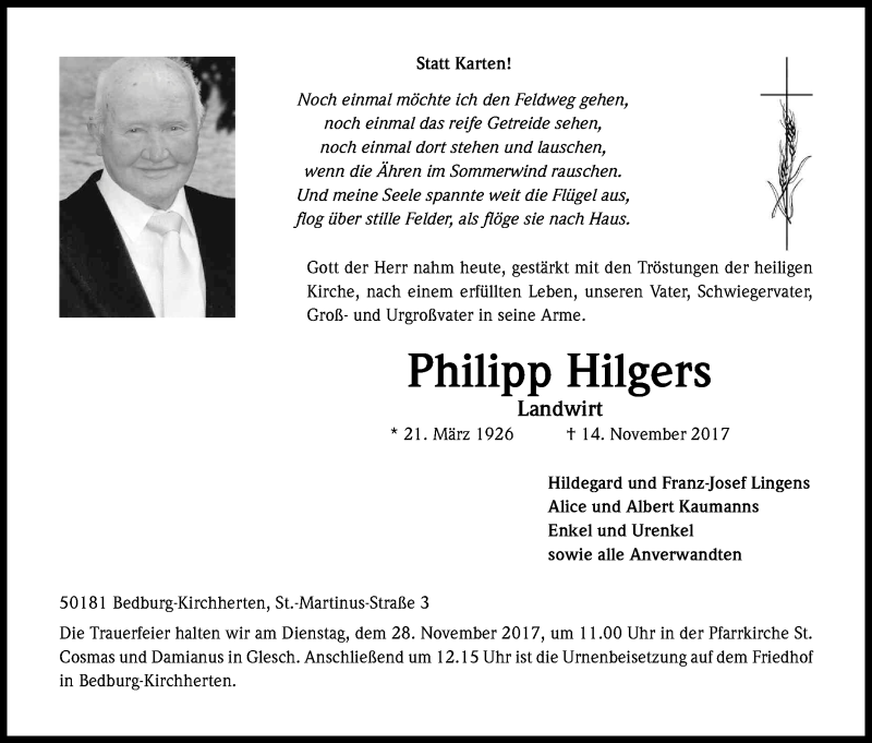  Traueranzeige für Philipp Hilgers vom 24.11.2017 aus Kölner Stadt-Anzeiger / Kölnische Rundschau / Express