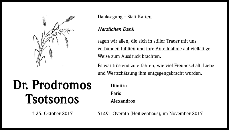  Traueranzeige für Prodromos Tsotsonos vom 18.11.2017 aus Kölner Stadt-Anzeiger / Kölnische Rundschau / Express