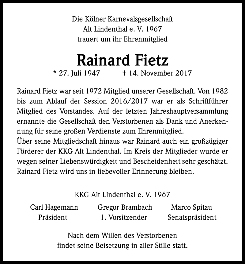  Traueranzeige für Rainard Fietz vom 25.11.2017 aus Kölner Stadt-Anzeiger / Kölnische Rundschau / Express