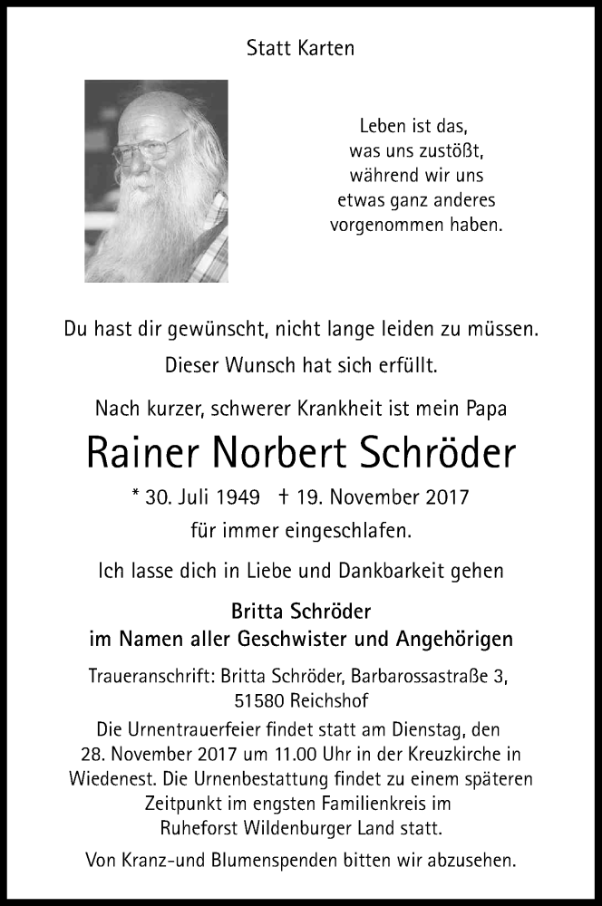  Traueranzeige für Rainer Norbert Schröder vom 25.11.2017 aus Kölner Stadt-Anzeiger / Kölnische Rundschau / Express