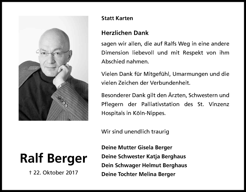  Traueranzeige für Ralf Berger vom 11.11.2017 aus Kölner Stadt-Anzeiger / Kölnische Rundschau / Express