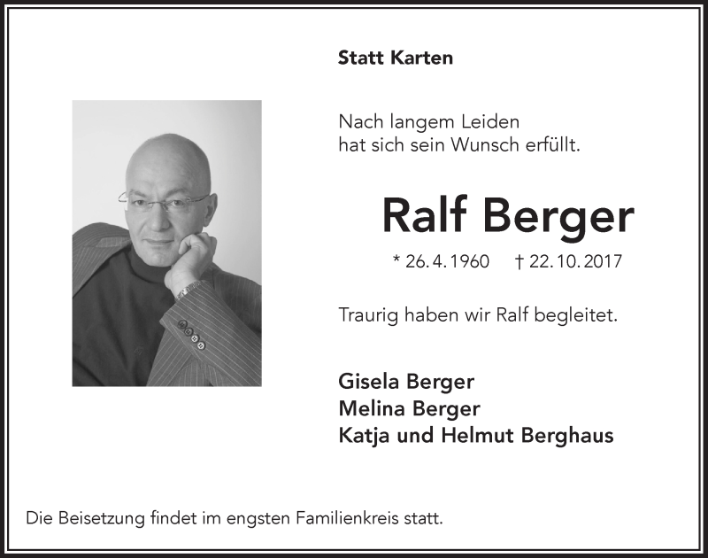  Traueranzeige für Ralf Berger vom 02.11.2017 aus  Bergisches Handelsblatt 