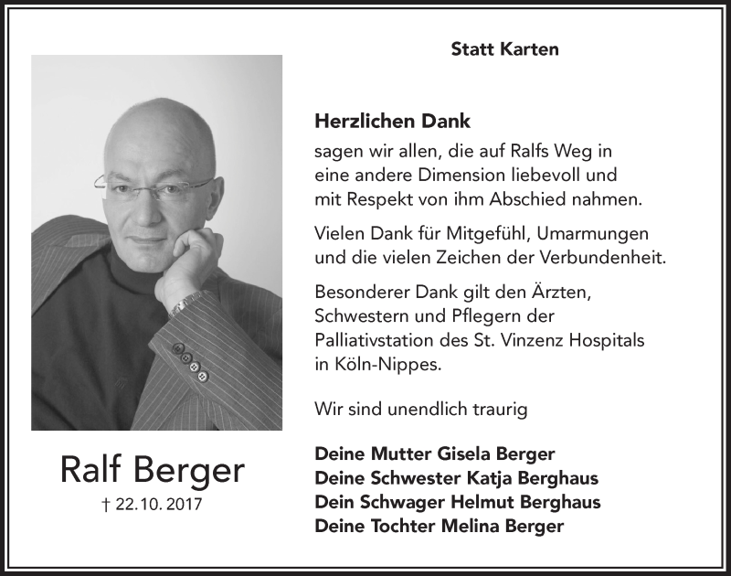  Traueranzeige für Ralf Berger vom 15.11.2017 aus  Bergisches Handelsblatt 
