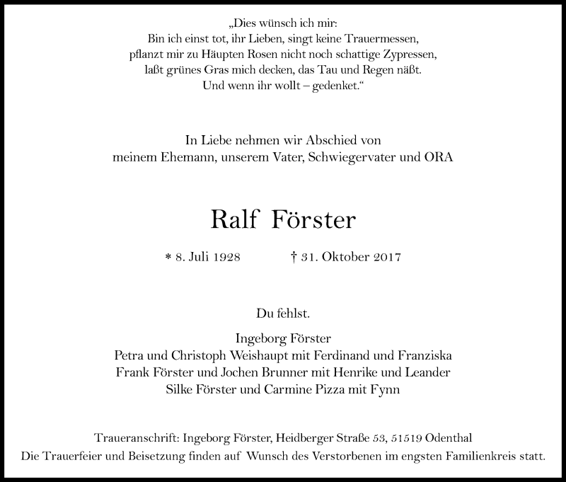  Traueranzeige für Ralf Förster vom 11.11.2017 aus Kölner Stadt-Anzeiger / Kölnische Rundschau / Express
