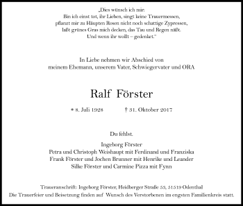 Anzeige von Ralf Förster von Kölner Stadt-Anzeiger / Kölnische Rundschau / Express