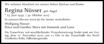 Anzeige von Regina Nüsser von Kölner Stadt-Anzeiger / Kölnische Rundschau / Express