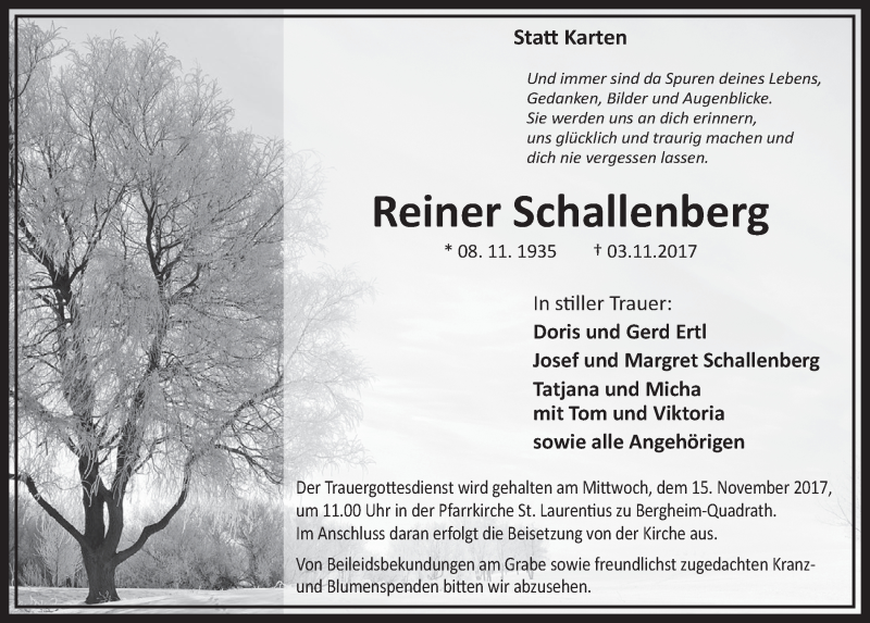  Traueranzeige für Reiner Schallenberg vom 11.11.2017 aus  Sonntags-Post 