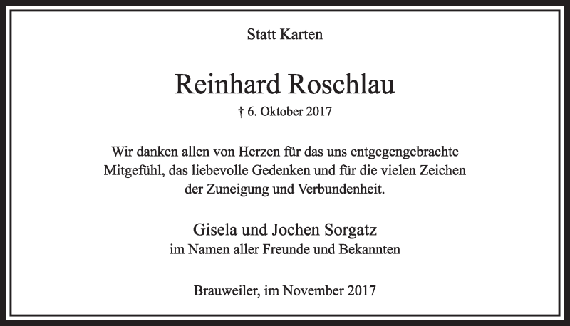  Traueranzeige für Reinhard Roschlau vom 18.11.2017 aus  Sonntags-Post 