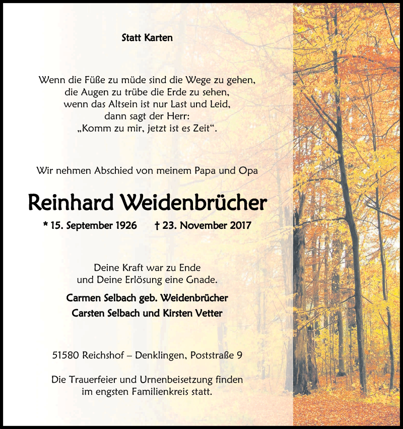  Traueranzeige für Reinhard Weidenbrücher vom 29.11.2017 aus Kölner Stadt-Anzeiger / Kölnische Rundschau / Express
