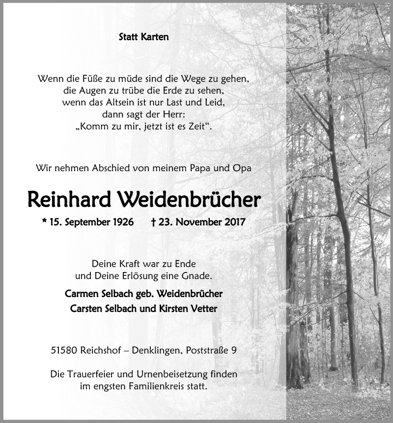  Traueranzeige für Reinhard Weidenbrücher vom 29.11.2017 aus  Anzeigen Echo  Lokalanzeiger 