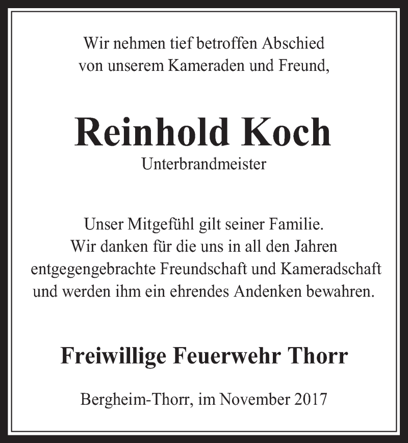  Traueranzeige für Reinhold Koch vom 22.11.2017 aus  Werbepost 