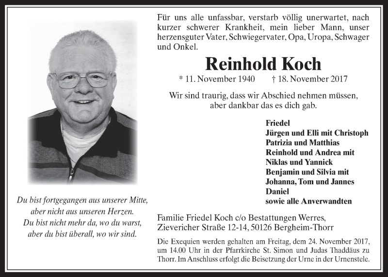  Traueranzeige für Reinhold Koch vom 22.11.2017 aus  Werbepost 