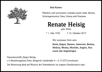 Anzeige von Renate Heisig von Kölner Stadt-Anzeiger / Kölnische Rundschau / Express