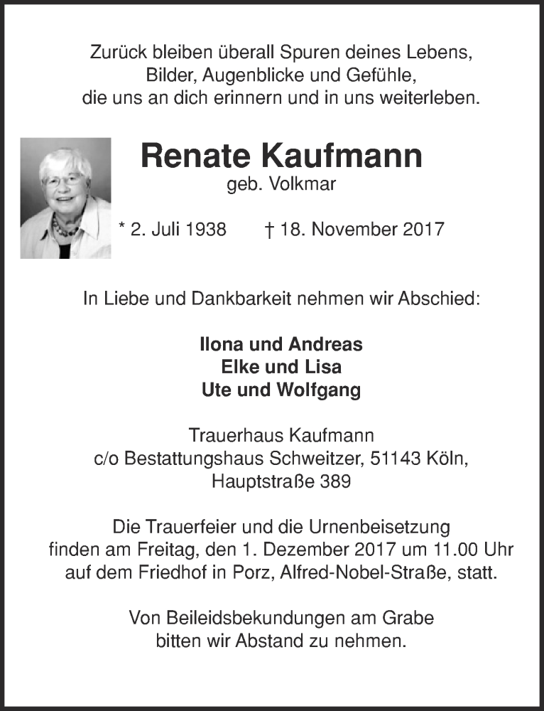  Traueranzeige für Renate Kaufmann vom 29.11.2017 aus  Kölner Wochenspiegel 