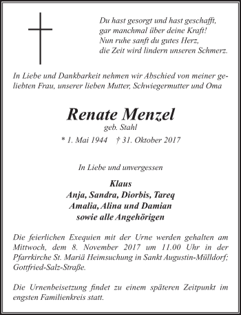 Anzeige von Renate Menzel von  Rhein-Sieg-Wochenende 