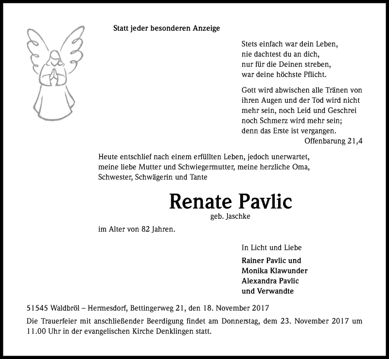  Traueranzeige für Renate Pavlic vom 21.11.2017 aus Kölner Stadt-Anzeiger / Kölnische Rundschau / Express