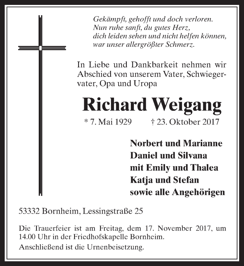  Traueranzeige für Richard Weigang vom 08.11.2017 aus  Schaufenster/Blickpunkt 