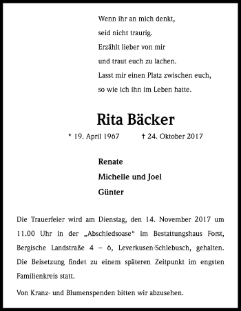 Anzeige von Rita Bäcker von Kölner Stadt-Anzeiger / Kölnische Rundschau / Express