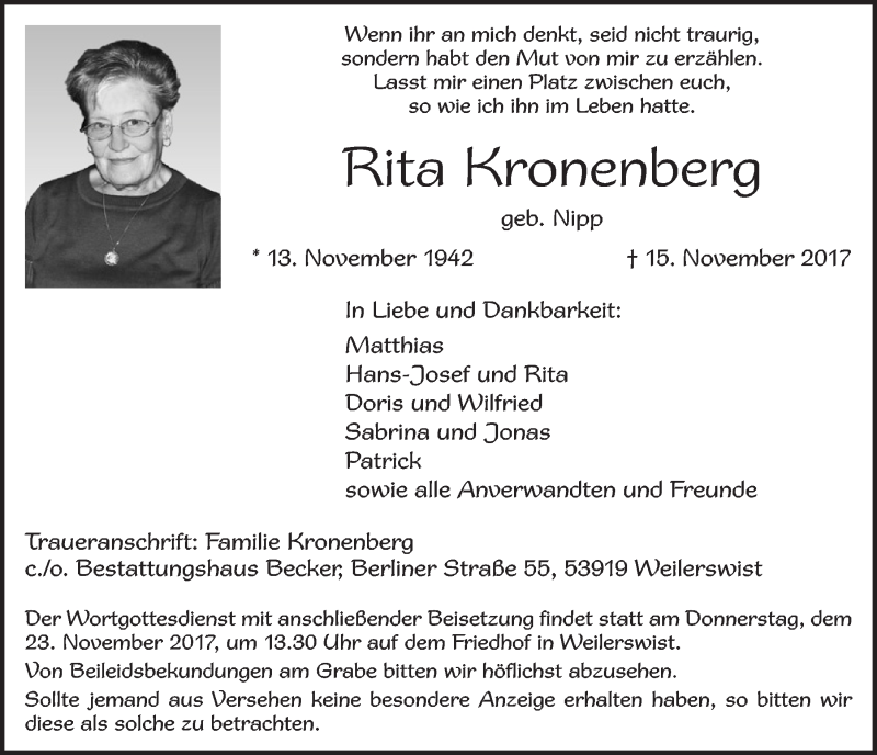  Traueranzeige für Rita Kronenberg vom 18.11.2017 aus  Blickpunkt Euskirchen 