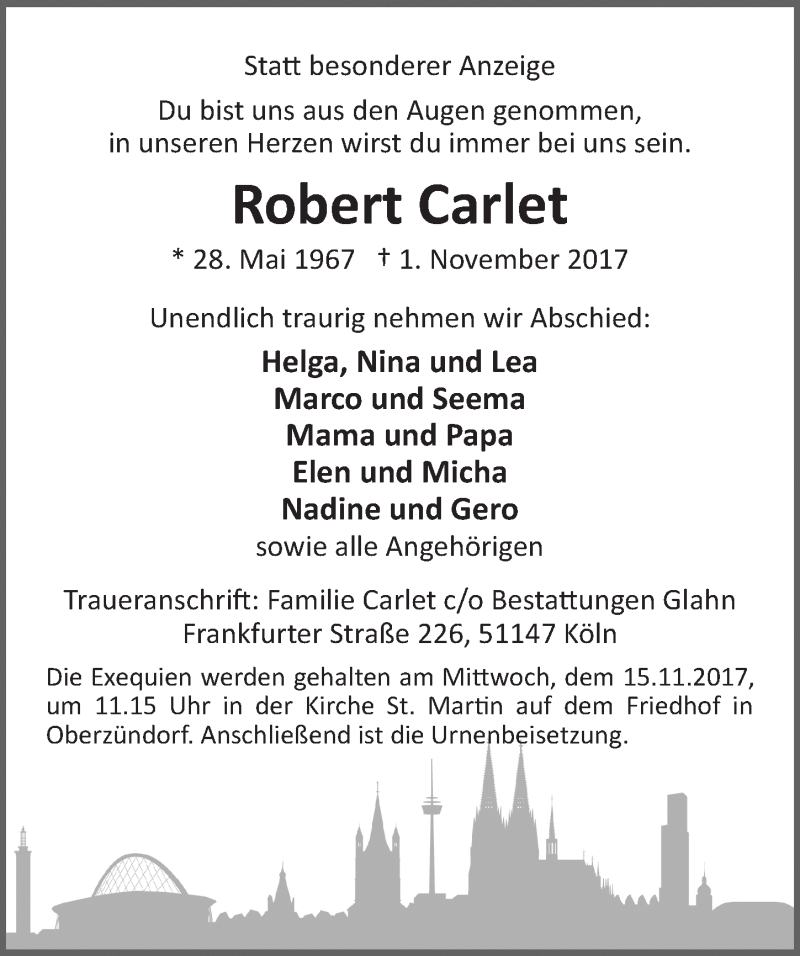  Traueranzeige für Robert Carlet vom 08.11.2017 aus  Kölner Wochenspiegel 