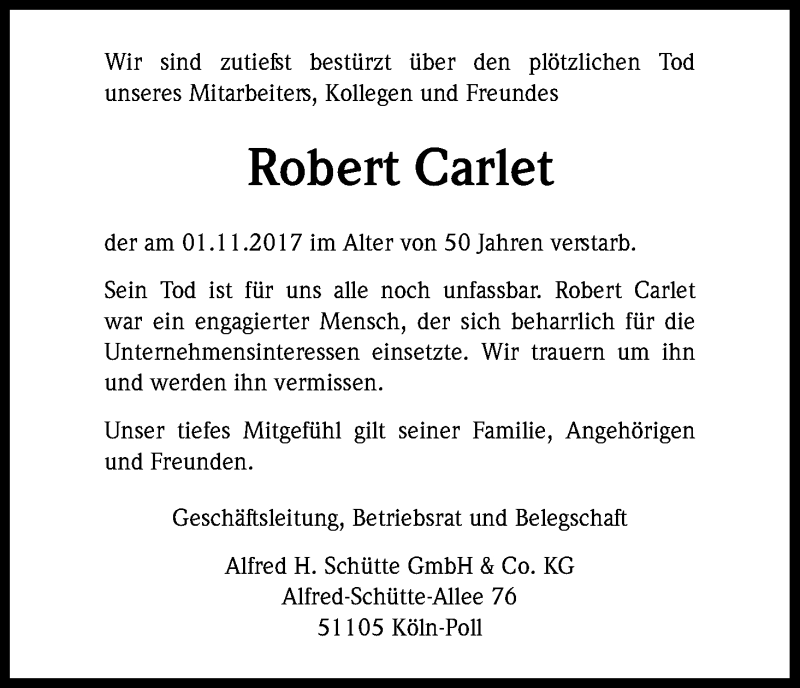  Traueranzeige für Robert Carlet vom 11.11.2017 aus Kölner Stadt-Anzeiger / Kölnische Rundschau / Express
