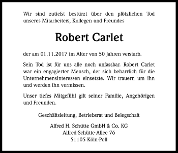Anzeige von Robert Carlet von Kölner Stadt-Anzeiger / Kölnische Rundschau / Express