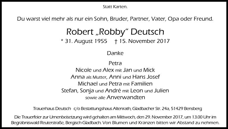  Traueranzeige für Robert Deutsch vom 20.11.2017 aus Kölner Stadt-Anzeiger / Kölnische Rundschau / Express