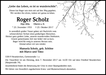 Anzeige von Roger Scholz von Kölner Stadt-Anzeiger / Kölnische Rundschau / Express