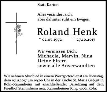 Anzeige von Roland Henk von Kölner Stadt-Anzeiger / Kölnische Rundschau / Express