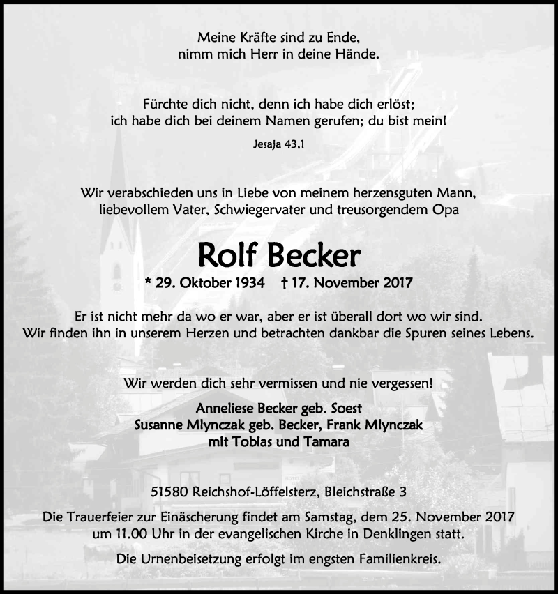  Traueranzeige für Rolf Becker vom 21.11.2017 aus Kölner Stadt-Anzeiger / Kölnische Rundschau / Express