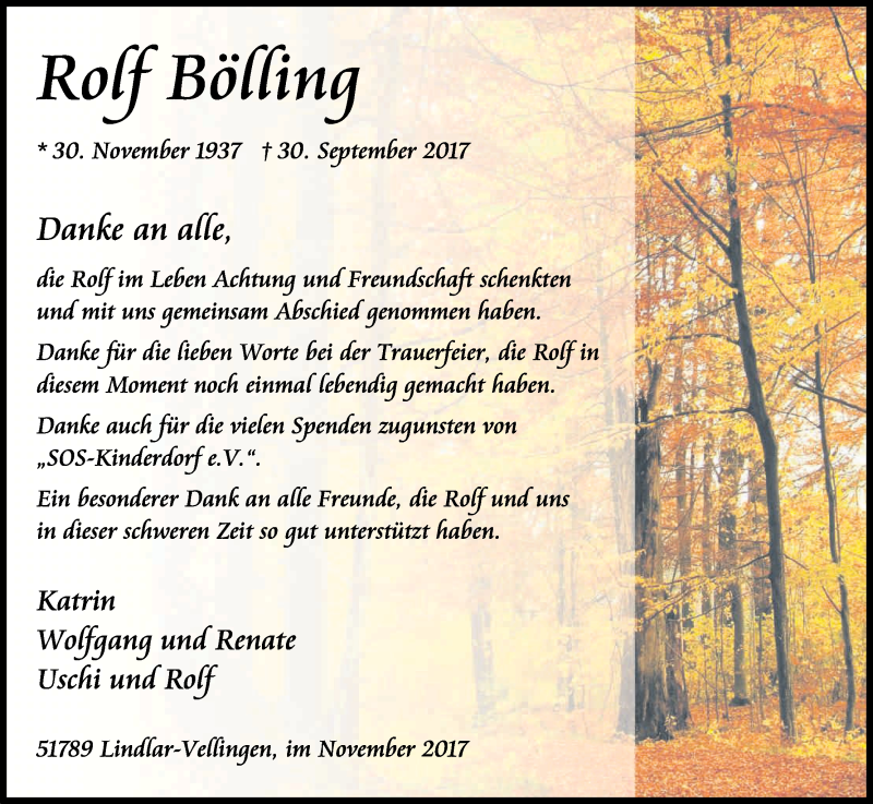  Traueranzeige für Rolf Bölling vom 25.11.2017 aus Kölner Stadt-Anzeiger / Kölnische Rundschau / Express