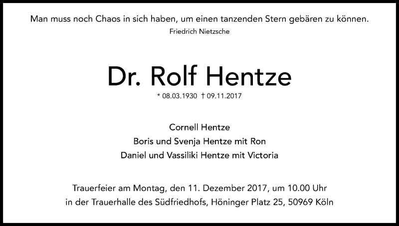  Traueranzeige für Rolf Hentze vom 18.11.2017 aus Kölner Stadt-Anzeiger / Kölnische Rundschau / Express