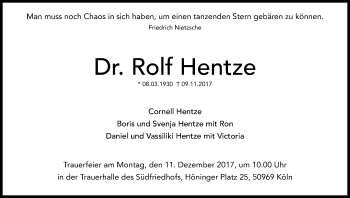 Anzeige von Rolf Hentze von Kölner Stadt-Anzeiger / Kölnische Rundschau / Express