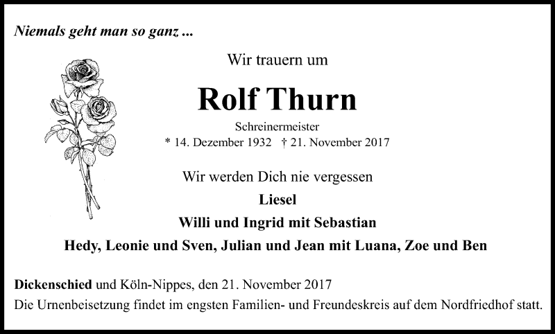  Traueranzeige für Rolf Thurn vom 25.11.2017 aus Kölner Stadt-Anzeiger / Kölnische Rundschau / Express