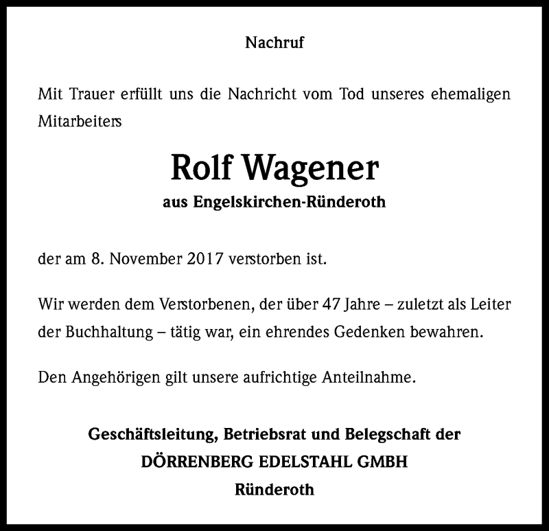  Traueranzeige für Rolf Wagener vom 15.11.2017 aus Kölner Stadt-Anzeiger / Kölnische Rundschau / Express