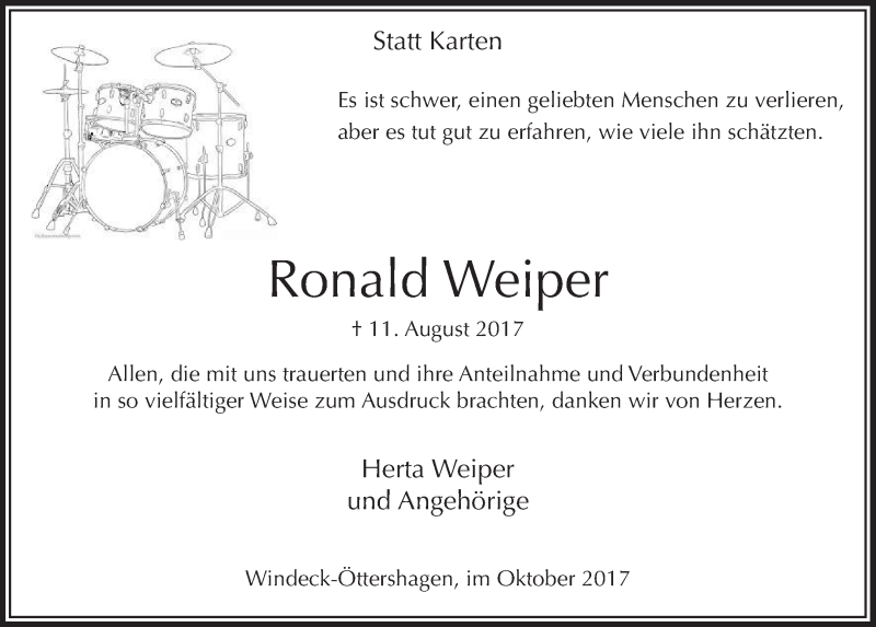  Traueranzeige für Ronald Weiper vom 02.11.2017 aus  Lokalanzeiger 