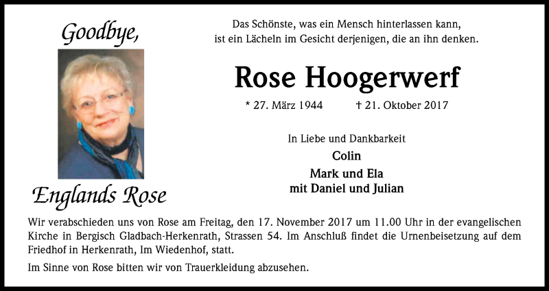  Traueranzeige für Rose Hoogerwerf vom 11.11.2017 aus Kölner Stadt-Anzeiger / Kölnische Rundschau / Express