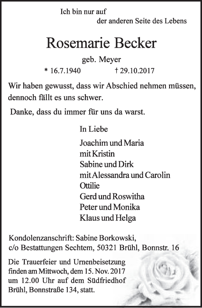  Traueranzeige für Rosemarie Becker vom 08.11.2017 aus  Wochenende  Schlossbote/Werbekurier 