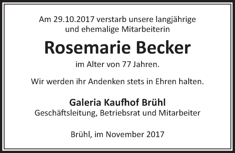  Traueranzeige für Rosemarie Becker vom 15.11.2017 aus  Schlossbote/Werbekurier 