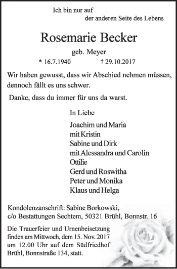 Anzeige von Rosemarie Becker von  Wochenende  Schlossbote/Werbekurier 